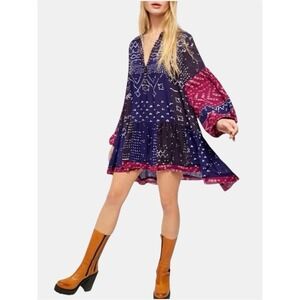 FREE PEOPLE Shibori Tunic Womans Sz S Flowy Balloon Sleeve Boho Mini Dress Top